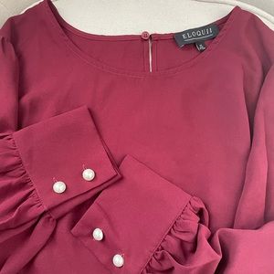ELOQUII Pearls Women's Size 22 Long Sleeve Maroon Burgundy Plus Blouse Top